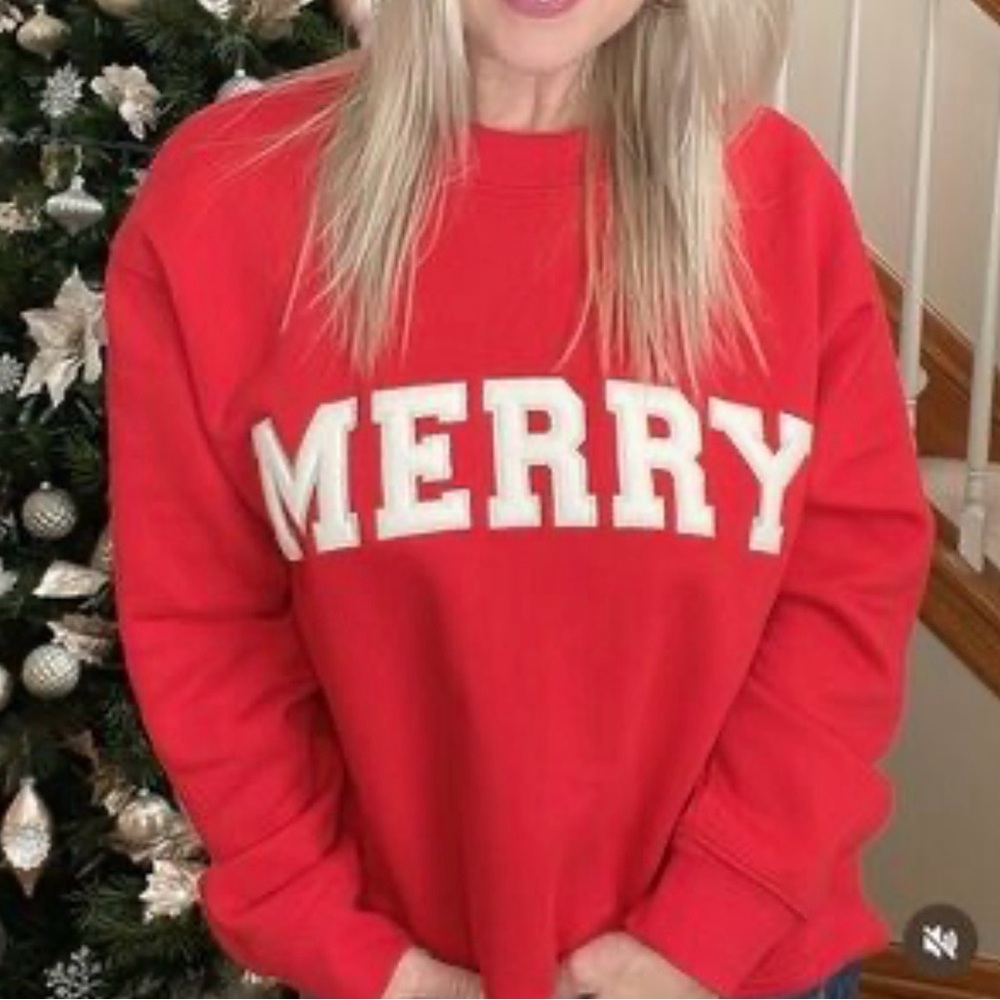 Merry Red Holiday Sweater NEW XS Sweatshirt White Appliqué Universal Thread Crew - Picture 6 of 6